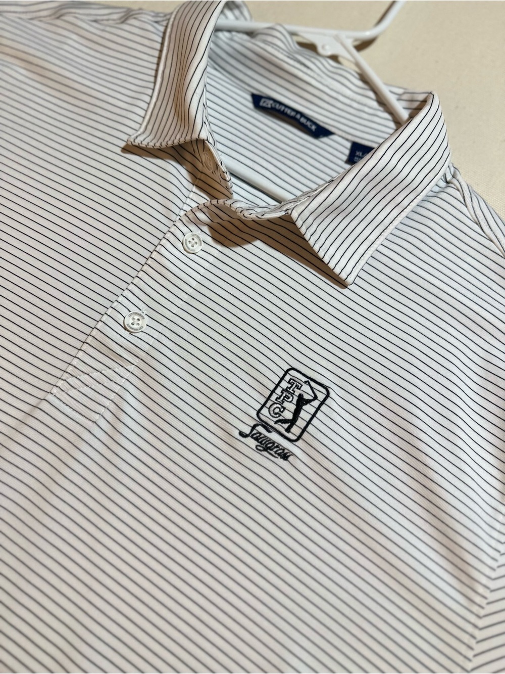 Men’s Cutter & Buck White/Black Striped Golf Polo x TPC Sawgrass